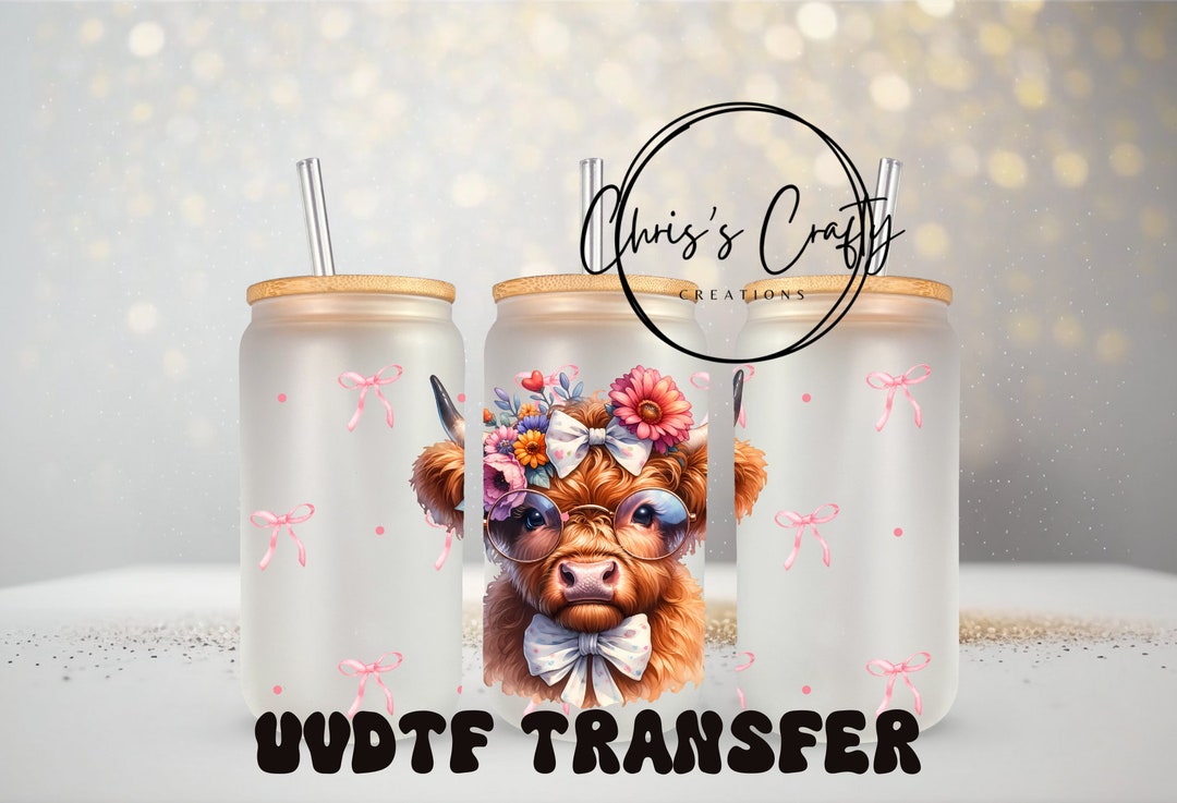 UVDTF Wrap Highland Cow Coquette Bows for 16oz Can Glass Mug Tumbler ...