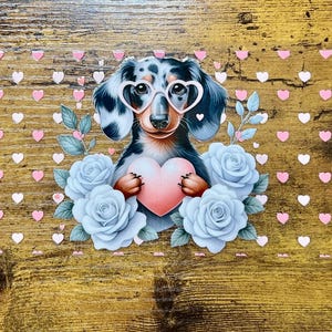 Envoltura de vidrio de 16 oz con diseño de perro salchicha de San Valentín, calcomanía UV DTF con forma de corazón para mamá perruna, envoltura permanente para vasos