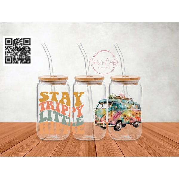 16 oz can glass UV DTF ccc Exclusive Stay Trippie Little Hippie Van | Ready to apply | Gifts for Her