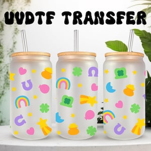 UVDTF Wrap Lucky St. Patrick Charms, boîte de 16 oz, gobelet en verre, trèfle trèfle, prêt à poser. Adhésif imperméable permanent