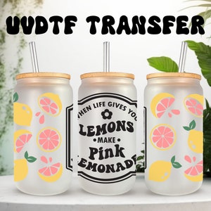 Emballage UVDTF pour des citrons que vous préparerez, limonade rose en boîte de 16 oz, gobelet en verre, prêt à poser, adhésif imperméable permanent