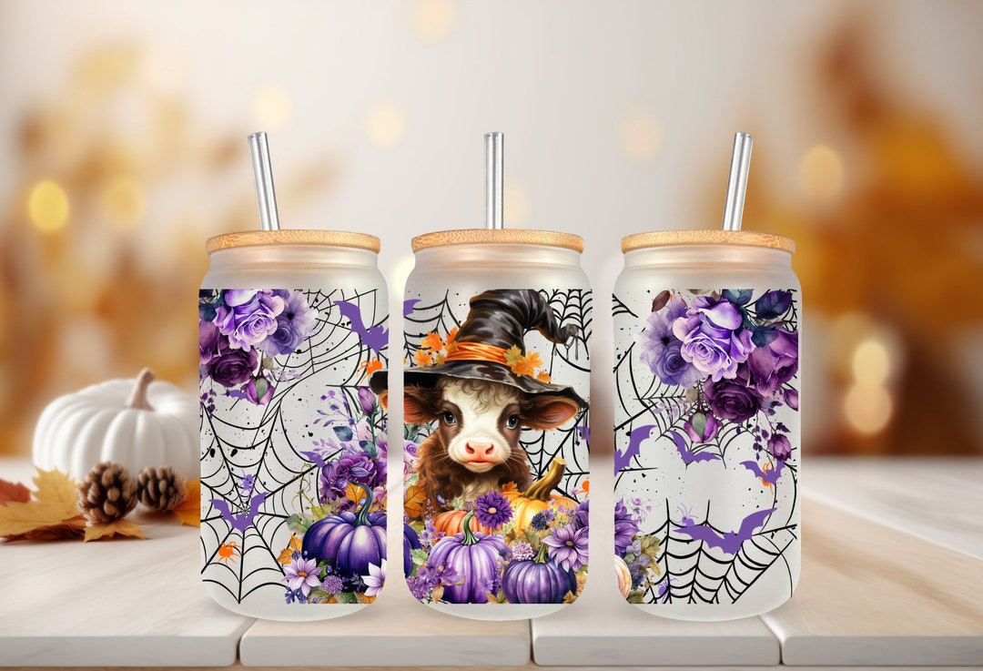 UVDTF Wrap Cow Witch Purple Floral Pumpkin 16oz Can Glass Mug Tumbler ...