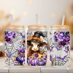 Emballage UVDTF Cow Witch, citrouille florale violette, boîte de 16 oz, gobelet en verre, prêt à poser, adhésif permanent, option recto-verso