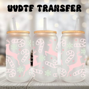 UVDTF wrap pastel rendieren snoep 16oz blikje glazen mok beker, winterwrap, klaar om aan te brengen, permanente waterdichte lijm, dubbelzijdige print