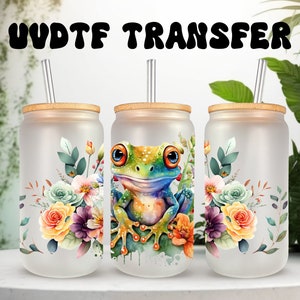 UVDTF Wrap, fleurs de grenouille, boîte de 16 oz, gobelet en verre, film grenouille, option d'impression recto-verso, prêt à poser, adhésif permanent imperméable
