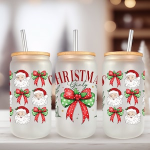 UVDTF Wrap Christmas Girly Coquettes, Noeuds de 16 oz, Mug en verre, prêt à poser, Design exclusif, Adhésif imperméable permanent