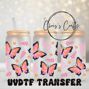 UVDTF Wrap Floral Butterfly 16oz Can Glass Mug Tumbler, Butterfly Wrap, Ready to Apply,  Permanent Waterproof Adhesive