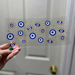 Emballage UVDTF bleu Evil Eye pour boîte de 16 oz, gobelet en verre, film bleu Evil Eye, prêt à poser, adhésif permanent imperméable