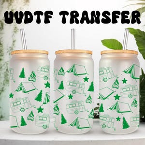 UVDTF Wrap Camping Tent Camper 16oz Can Glass Mug Tumbler, Pronto para aplicar, Camp Wrap, Adesivo permanente à prova d'água