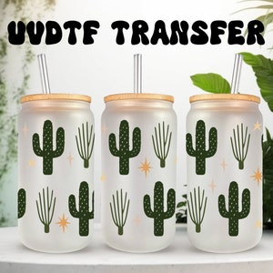 UVDTF Wrap Boho Dessert Cactus - Lata de 16 oz - Vaso, Taza, Tumbler, Envoltura de cactus, Listo para aplicar, Adhesivo permanente a prueba de agua, Se puede agregar a una taza