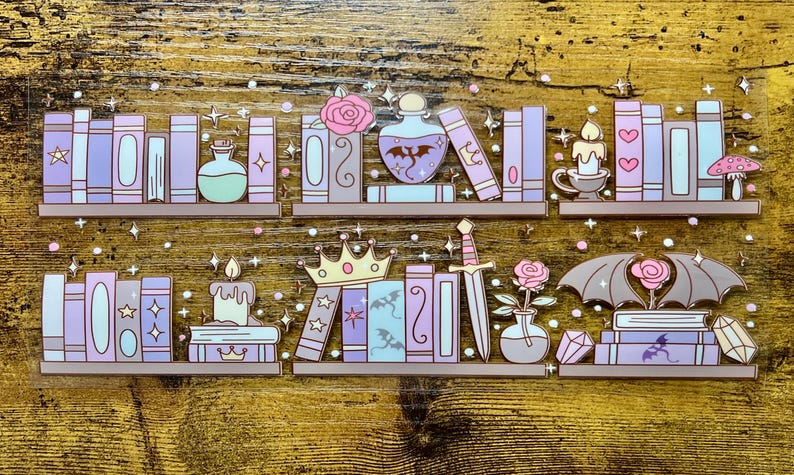 May include: A whimsical illustration of bookshelves filled with fantasy-themed items. The shelves display books, potion bottles, candles, roses, a crown, a sword, and crystals, all in pastel colors. Stars and sparkles add to the magical aesthetic.