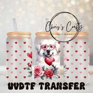 UVDTF Wrap Valentine Hearts Great Pyrenees Dog pour boîte de 16 oz, gobelet en verre, prêt à poser, adhésif imperméable permanent