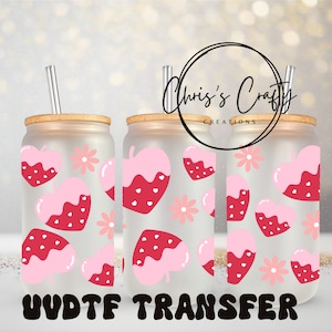 Emballage UVDTF coeur rouge fraises fleurs boîte de 16 oz, tasse en verre, papier peint pour la Saint-Valentin, prêt à poser, adhésif imperméable permanent
