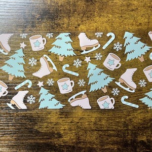 UVDTF-wrap schaatsen boom sneeuwvlok warme cacao, winterpastel wrap, klaar om aan te brengen, permanente lijm waterdicht