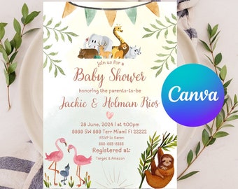Może przedstawiać: Zaproszenie na baby shower w stylu dżungli. Zaproszenie utrzymane jest w różowo-zielonej kolorystyce i przedstawia różne zwierzęta dżungli, w tym żyrafę, słonia, leniwca i małpy. Tekst na zaproszeniu brzmi: "Dołącz do nas na baby shower z okazji narodzin dziecka Jackie & Holman Rios. 29 czerwca 2024 | o 13:00 9999 SW 999 Terr Miami FI 22222 RSVP do Karen 888-888-8888 Zarejestrowane w: Target & Amazon"