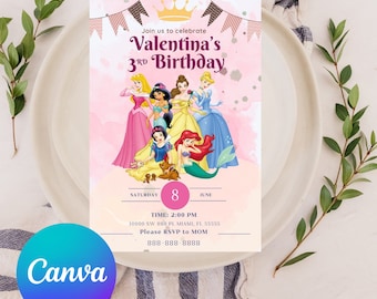 Prinses verjaardagsuitnodiging, bewerkbare prinses verjaardagsuitnodiging, prinses thema, prinses verjaardagsfeestje, prinses digitale uitnodiging