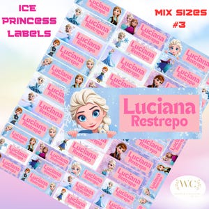 Könnte beinhalten: Blätter mit personalisierten Etiketten mit Figuren aus dem Film "Die Eiskönigin". Die Etiketten sind hellblau mit rosa Text "Luciana Restrepo". Die Wörter "Ice Princess Labels" und "Mix Sizes #3" sind ebenfalls sichtbar.