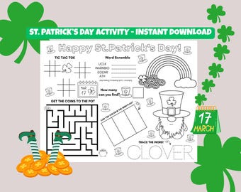 St. Patrick's Day Activity Page Placemat,Printable for kids,Instant PDF Download,Kids Coloring Activity Page, St. Patrick's Day Craft
