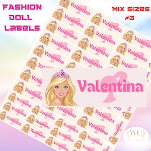 Puede incluir: Hoja de "Fashion Doll Labels" con el nombre "Valentina" en rosa. Las etiquetas presentan una muñeca rubia con una tiara. También se ve el texto "MIX SIZES #3".