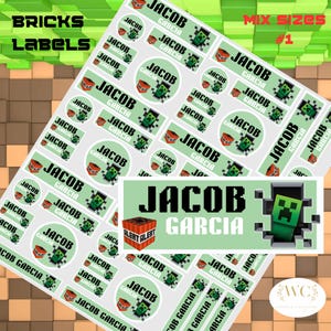 May include: Sheet of personalized labels featuring the name "JACOB GARCIA" in various sizes and designs. The labels have a pixelated green monster and TNT block graphics, with the words "BRICKS LABELS" at the top.