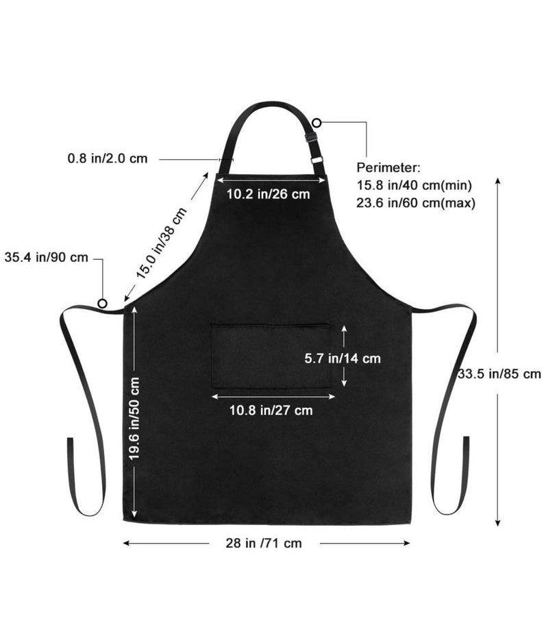K&ouml;nnte beinhalten: Schwarze Sch&uuml;rze mit einer Tasche, 71 cm breit, 50 cm lang und 38 cm hoch. Die Sch&uuml;rze hat verstellbare Nackenriemen und B&auml;nder in der Taille. Die Sch&uuml;rze hat eine Tasche, die 27 cm breit und 14 cm hoch ist.