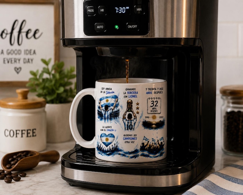 May include: A white ceramic mug featuring a graphic print of a soccer player holding a trophy, the Argentine flag, and text in Spanish including "Soy hincha de la Selecci&oacute;n," "Ganamos la tercera con Lionel," and "Y treinta y dos a&ntilde;os despu&eacute;s."