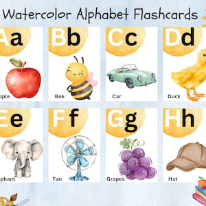 ABC Alphabet Flash Cards, Watercolor Alphabet Flash cards,Printable Kids Letters Card Set,Nursery Decor,Classroom Poster Bulletin,Montessori