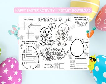 Easter Activity Placemat, Easter Coloring Page, Printable Easter Party Game,Instant PDF Download,Kids Coloring Activity Page
