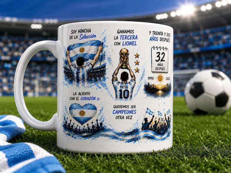 May include: A white ceramic mug featuring a graphic print of Lionel Messi holding a trophy, the Argentine flag, and text including "Soy hincha de la selecci&oacute;n," "Ganamos la tercera con Lionel," "32 a&ntilde;os despu&eacute;s," and "Queremos ser campeones otra vez."