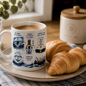 May include: A white ceramic mug featuring blue and black graphic prints of soccer celebrations, the text 'SOY HINCHA DE LA SELECCION', 'GANAMOS LA TERCERA CON LIONEL', '32 ANOS DESPUES', '1990 2022', 'QUEREMOS SER CAMPEONES OTRA VEZ', and a heart with the Argentina flag.
