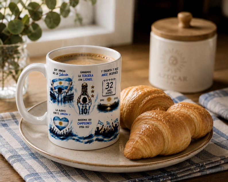 May include: A white ceramic mug featuring blue and black graphic prints of soccer celebrations, the text 'SOY HINCHA DE LA SELECCION', 'GANAMOS LA TERCERA CON LIONEL', '32 ANOS DESPUES', '1990 2022', 'QUEREMOS SER CAMPEONES OTRA VEZ', and a heart with the Argentina flag.