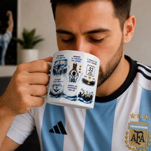 May include: A white ceramic mug featuring blue and gold graphic illustrations related to the Argentina national football team, including text such as "Ganamos la tercera con Lionel" and "32 a&ntilde;os despu&eacute;s" with imagery of a trophy and players.
