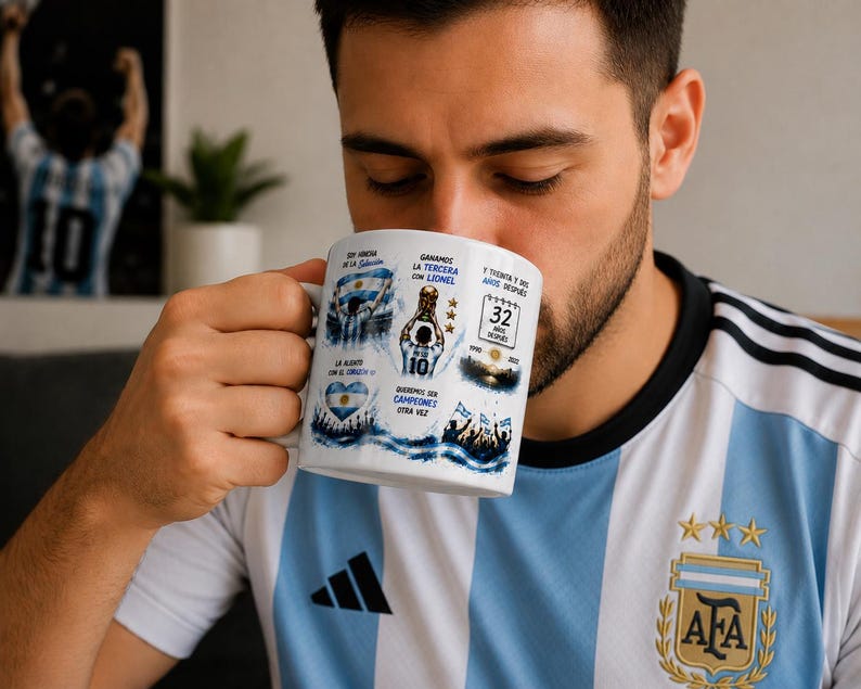 May include: A white ceramic mug featuring blue and gold graphic illustrations related to the Argentina national football team, including text such as "Ganamos la tercera con Lionel" and "32 a&ntilde;os despu&eacute;s" with imagery of a trophy and players.