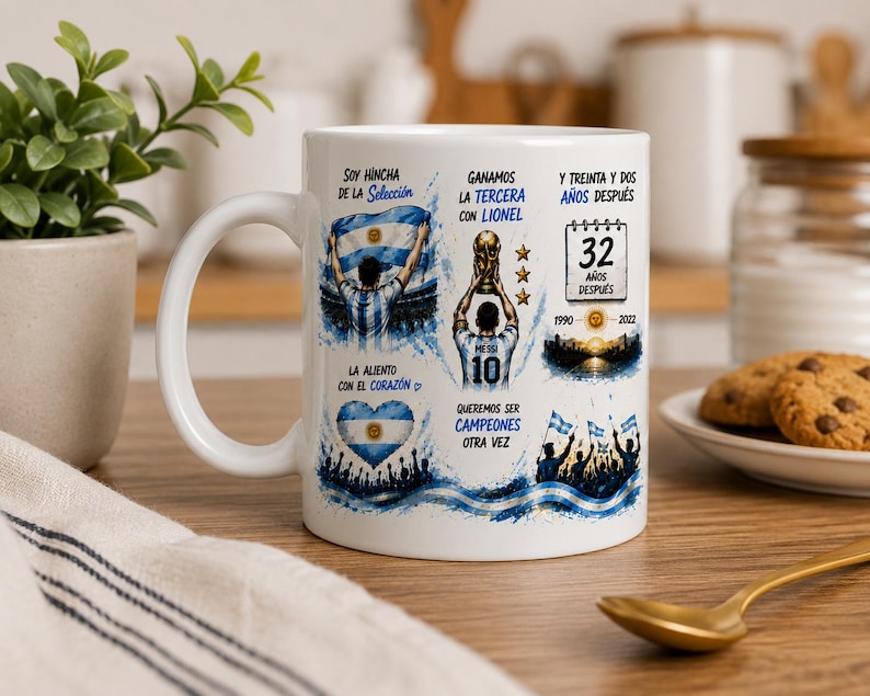 May include: A white ceramic mug featuring blue and white graphics related to the Argentina national soccer team. The design includes illustrations of a player holding a trophy, a heart-shaped flag, and text in Spanish celebrating a 32-year victory.