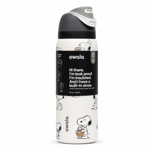 May include: White Owala water bottle with a black and gray lid, featuring a Snoopy cartoon design. The bottle has a built-in straw and is insulated. The bottle holds 32 oz. of liquid.
