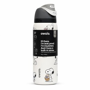 May include: White Owala water bottle with a black and gray lid, featuring a Snoopy cartoon design. The bottle has a built-in straw and is insulated. The bottle holds 32 oz. of liquid.