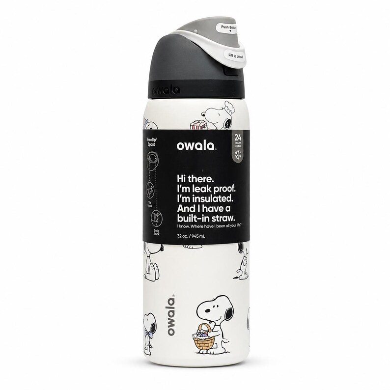 May include: White Owala water bottle with a black and gray lid, featuring a Snoopy cartoon design. The bottle has a built-in straw and is insulated. The bottle holds 32 oz. of liquid.