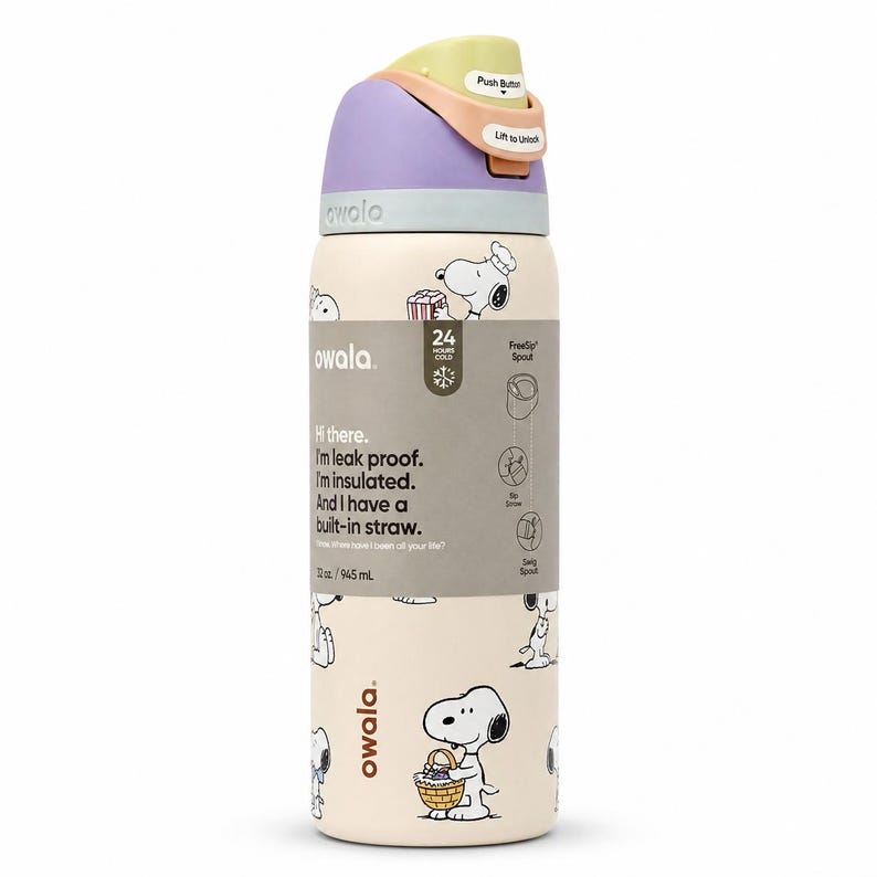 May include: A beige Owala water bottle with a Snoopy pattern. The bottle has a purple, green, and peach colored lid. The bottle is 12 oz / 945 mL and has a built-in straw. The bottle is leak proof and insulated.
