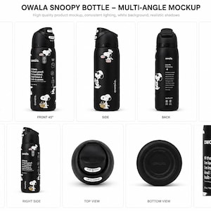 May include: A black Owala water bottle featuring Snoopy graphics, shown from multiple angles including front, side, back, top, and bottom views. The bottle includes a black lid with a push-button mechanism and a built-in straw, with 24 oz capacity text.