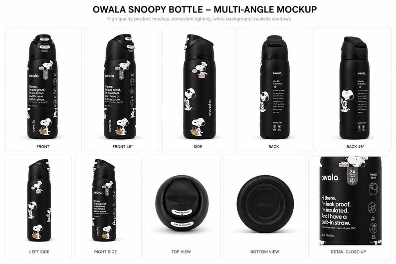 May include: A black Owala water bottle featuring Snoopy graphics, shown from multiple angles including front, side, back, top, and bottom views. The bottle includes a black lid with a push-button mechanism and a built-in straw, with 24 oz capacity text.