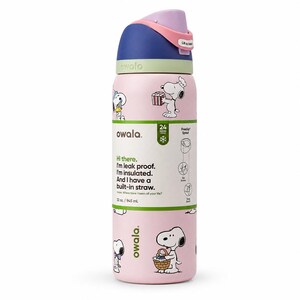 May include: Pink Owala water bottle featuring Snoopy illustrations. The bottle has a blue, purple, and green lid. Text on the bottle reads "Hi there. I'm leak proof. I'm insulated. And I have a built-in straw." The bottle holds 32 oz / 945 mL.