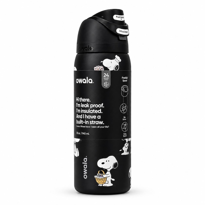 May include: Black Owala water bottle with a flip-top lid and a cartoon Snoopy design. The bottle features the text "Hi there. I'm leak proof. I'm insulated. And I have a built-in straw." It holds 32 oz / 945 mL.