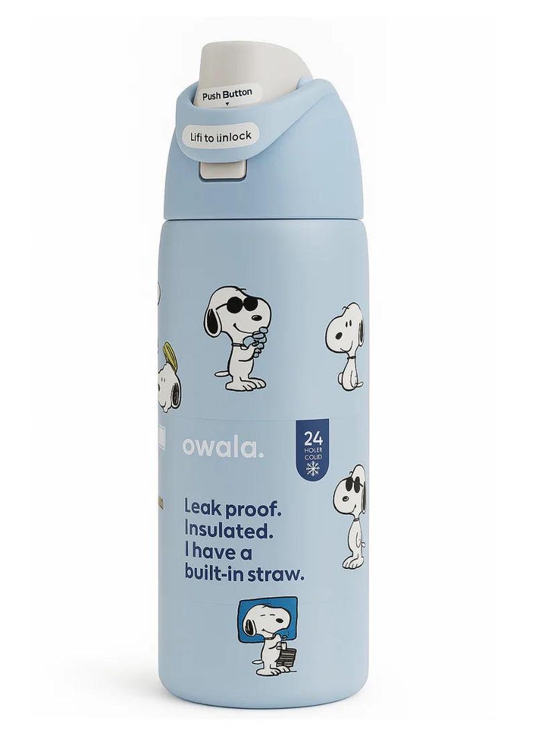 May include: A light blue Owala water bottle featuring Snoopy illustrations. The bottle has a push-button lid and includes the text "Leak proof. Insulated. I have a built-in straw." It is designed to keep liquids cold for 24 hours.