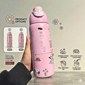 May include: Pink insulated water bottle featuring Snoopy and Woodstock graphics. The bottle has a push button lid, internal straw, and free-flow spout. It is available in 24 oz and 32 oz sizes. The bottle keeps drinks cold for 24 hours and hot for 12 hours.