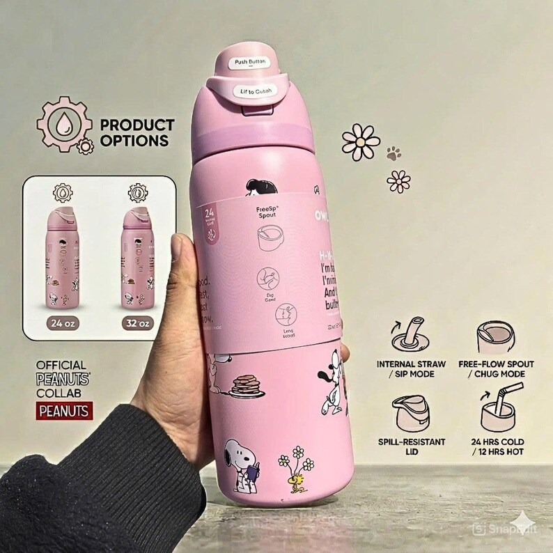May include: Pink insulated water bottle featuring Snoopy and Woodstock graphics. The bottle has a push button lid, internal straw, and free-flow spout. It is available in 24 oz and 32 oz sizes. The bottle keeps drinks cold for 24 hours and hot for 12 hours.