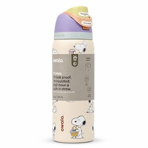 May include: A beige Owala water bottle with a Snoopy pattern. The bottle has a purple, green, and peach colored lid. The bottle is 12 oz / 945 mL and has a built-in straw. The bottle is leak proof and insulated.
