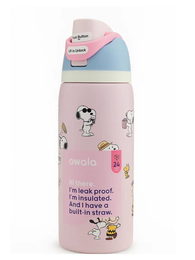 May include: Pink insulated water bottle featuring Snoopy and friends illustrations. The bottle has a blue and pink lid with a push button and the text "Hi there. I'm leak proof. I'm insulated. And I have a built-in straw."
