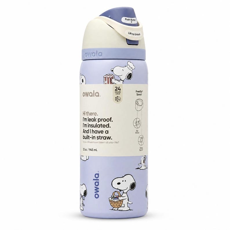 May include: A light purple Owala water bottle with a white and blue lid. The bottle features a Snoopy cartoon design and the text "Hi there. I'm leak proof. I'm insulated. And I have a built-in straw." It holds 32 oz / 945 ml.