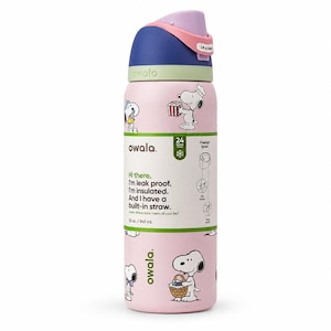 May include: Pink Owala water bottle featuring Snoopy illustrations. The bottle has a blue, purple, and green lid. Text on the bottle reads "Hi there. I'm leak proof. I'm insulated. And I have a built-in straw."