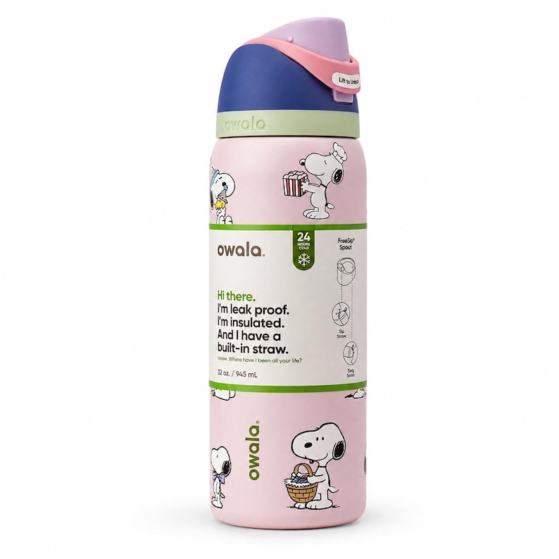 May include: Pink Owala water bottle featuring Snoopy illustrations. The bottle has a blue, purple, and green lid. Text on the bottle reads "Hi there. I'm leak proof. I'm insulated. And I have a built-in straw."